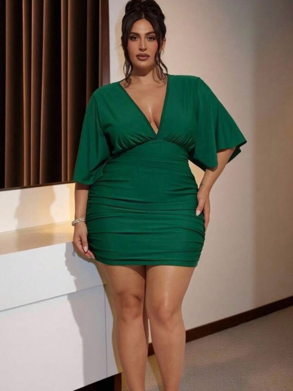 SHEIN Curve Dress 3XL Emerald Green Ruched Draped Deep V-Neck Cocktail Midi